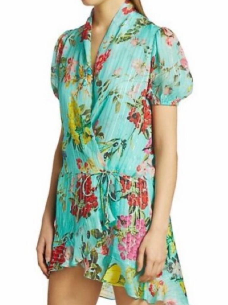 Rococo Sand Aqua Floral Wrap Dress With Ruffle Hem